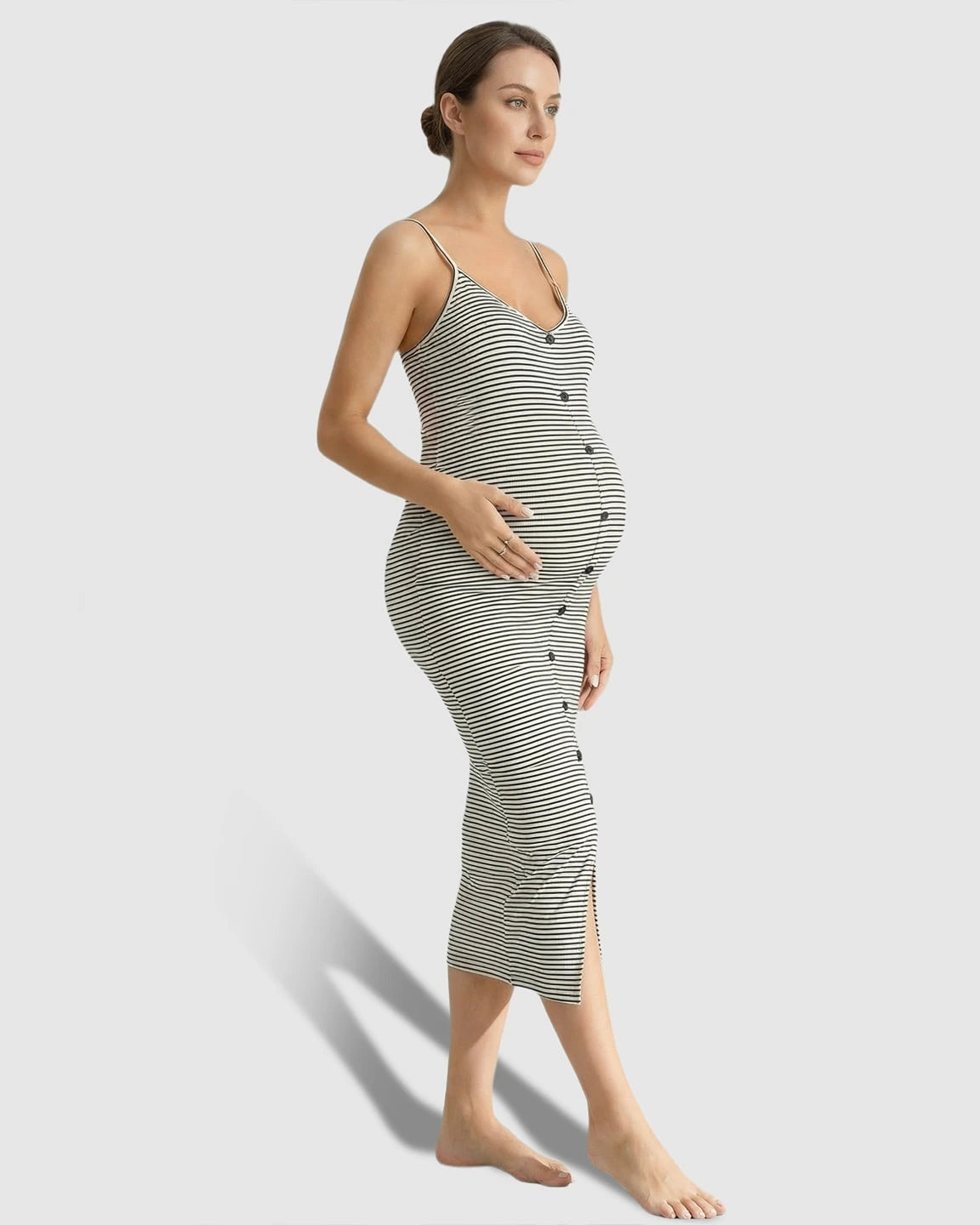 Striped Button-Down Bodycon Maternity Midi Dress