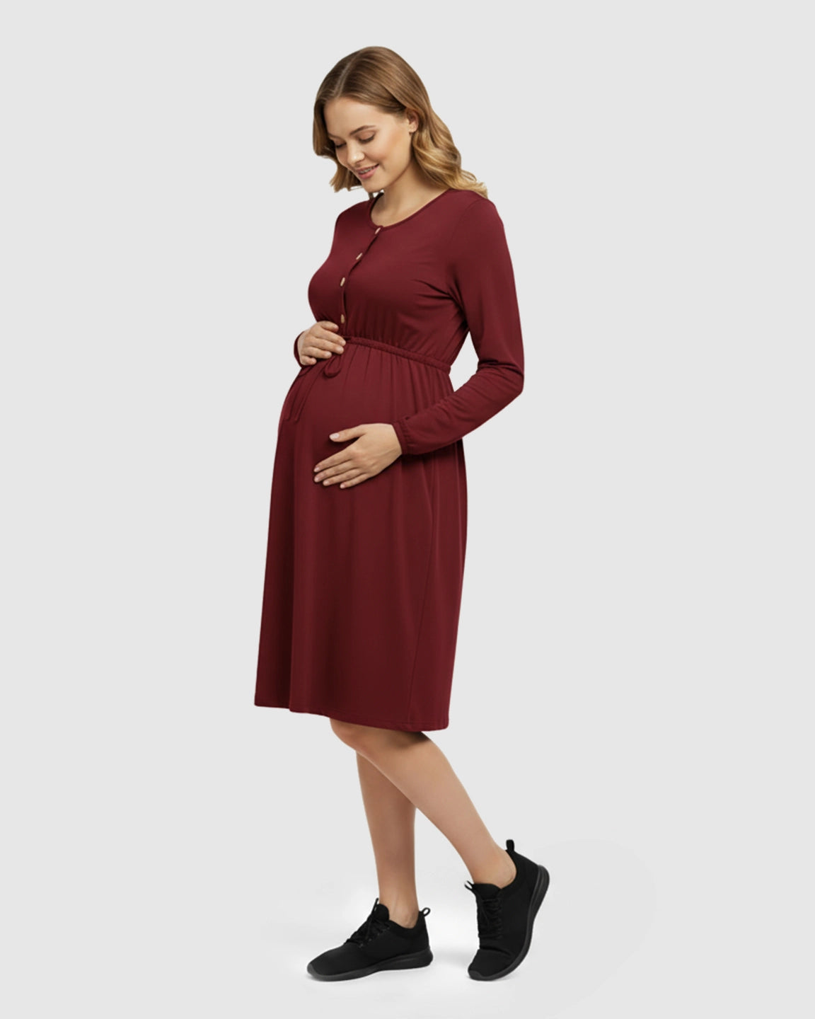 Button-Front Drawstring Waist Maternity Dress