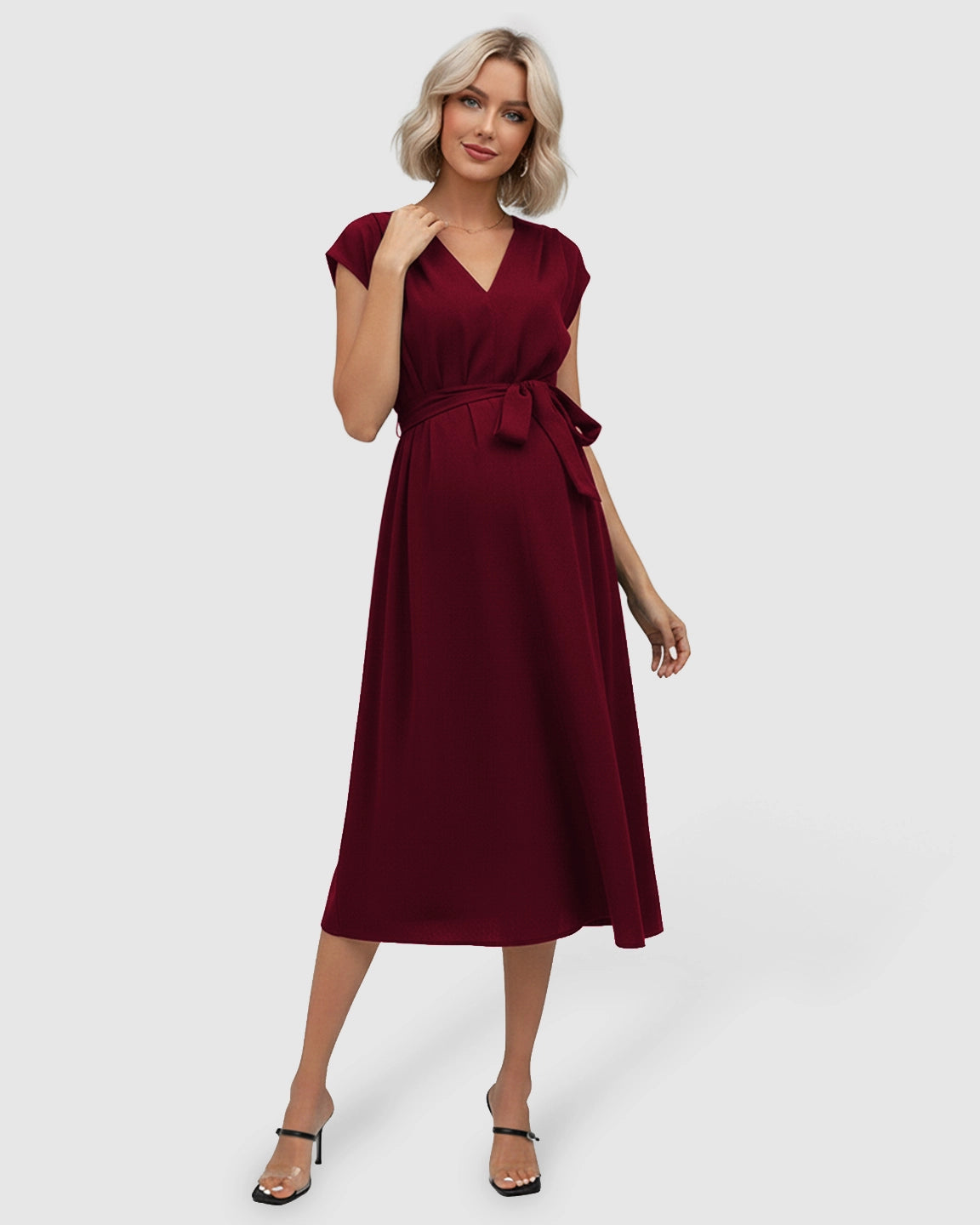 Tie-Waist V-Neck Maternity Midi Dress