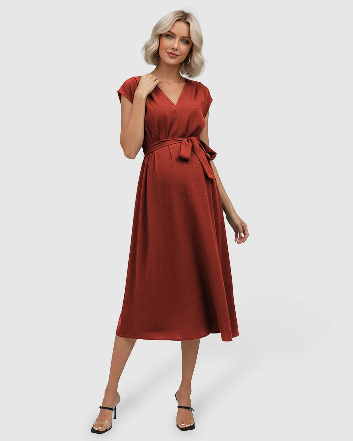 Tie-Waist V-Neck Maternity Midi Dress