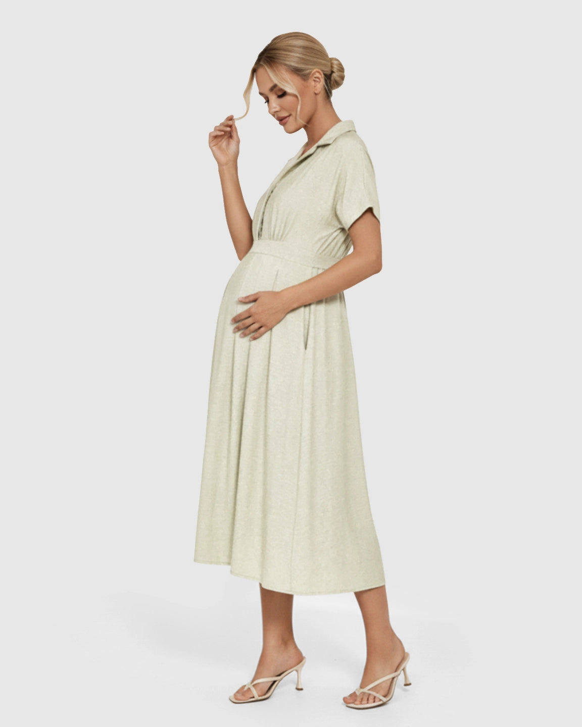 Lapel Collar A-line Maternity Midi Dress