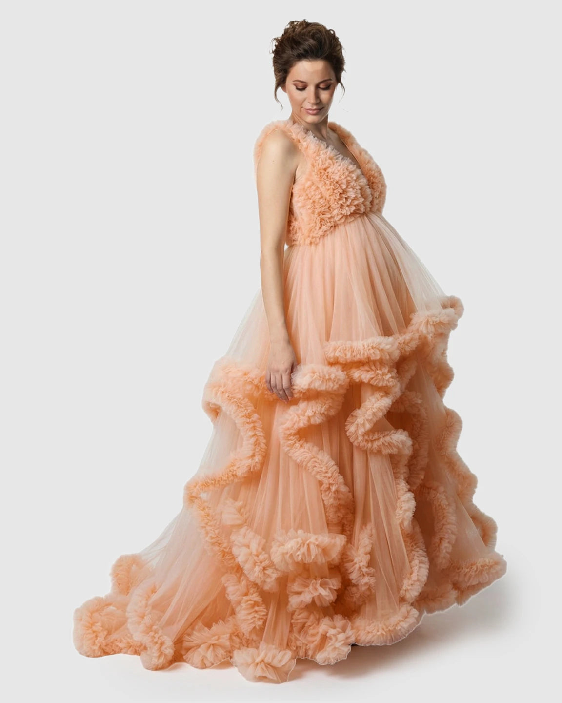 Ruffled Bodice Multi-Layer Mesh Pleats Maternity Gown