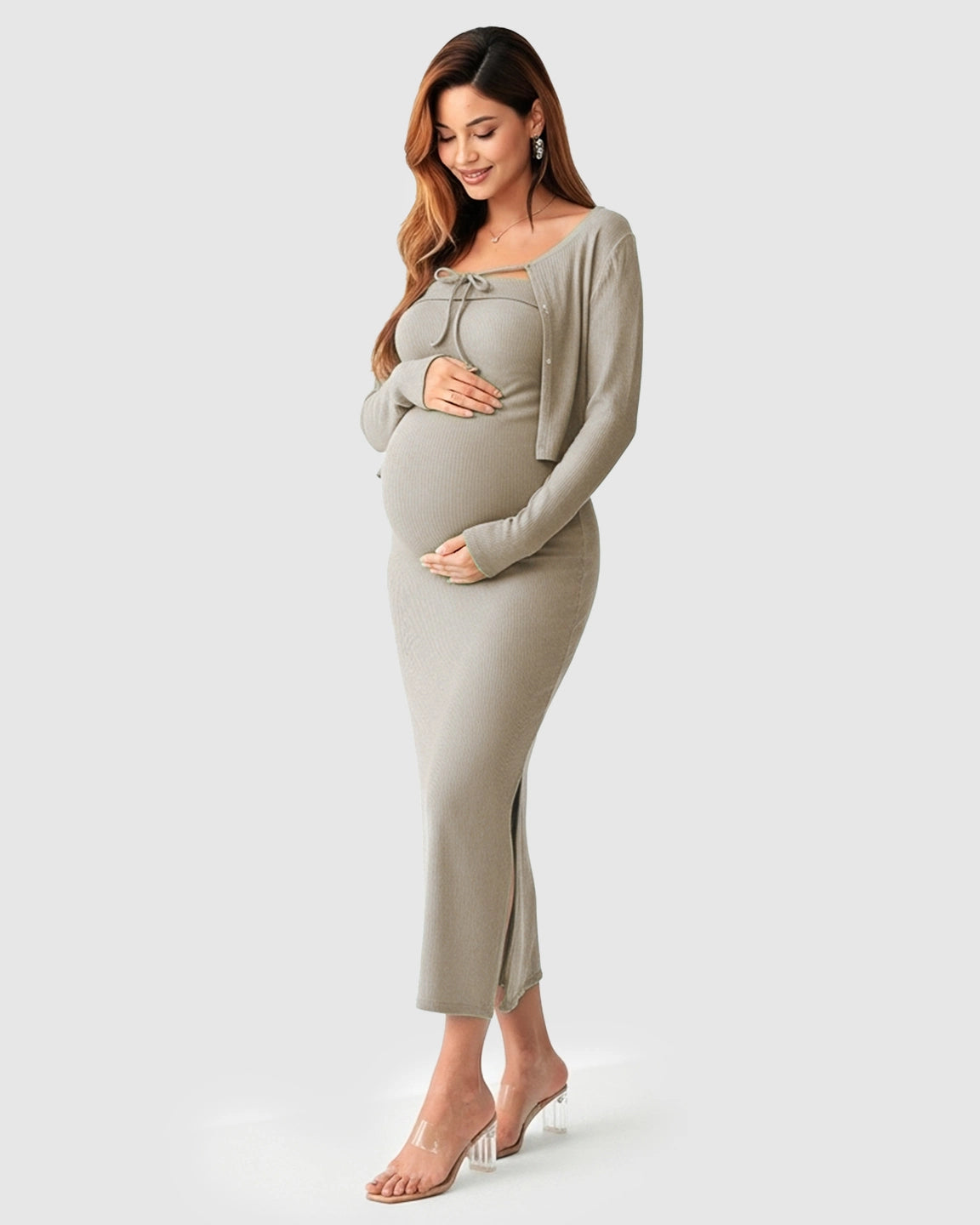 Knitted Two-Piece Bodycon Maternity Midi Dress Set