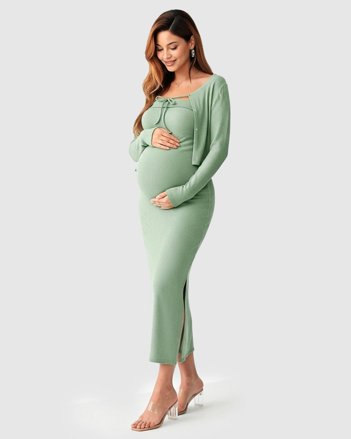 Knitted Two-Piece Bodycon Maternity Midi Dress Set