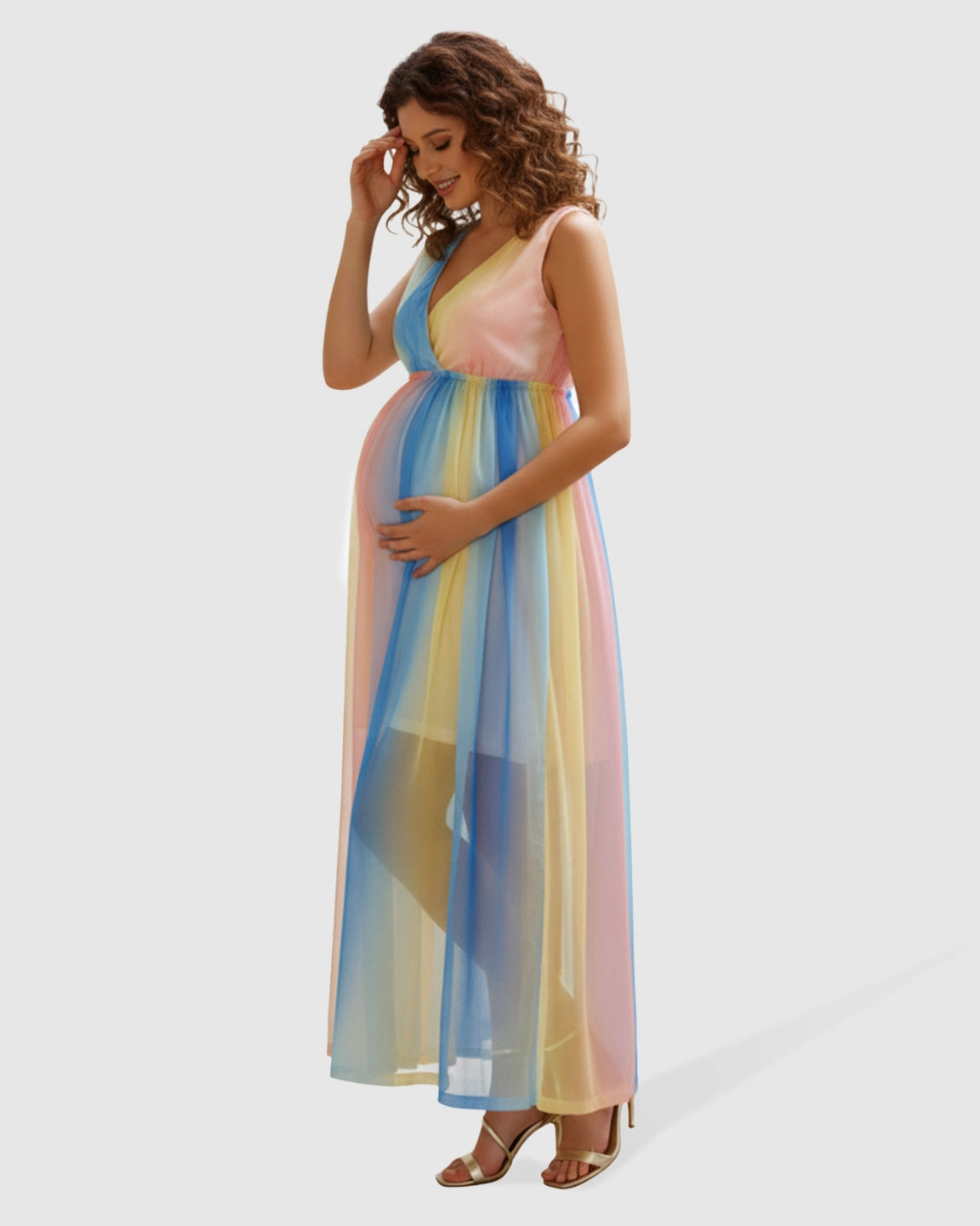 Deep V-Neck Rainbow Chiffon Maternity Maxi Dress