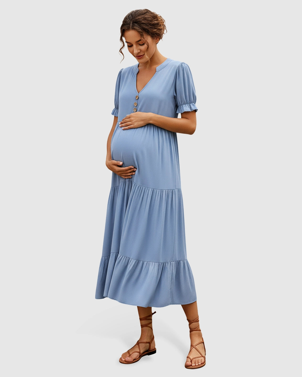 Stand-up Collar Tiered Skirt Maternity Midi Dress