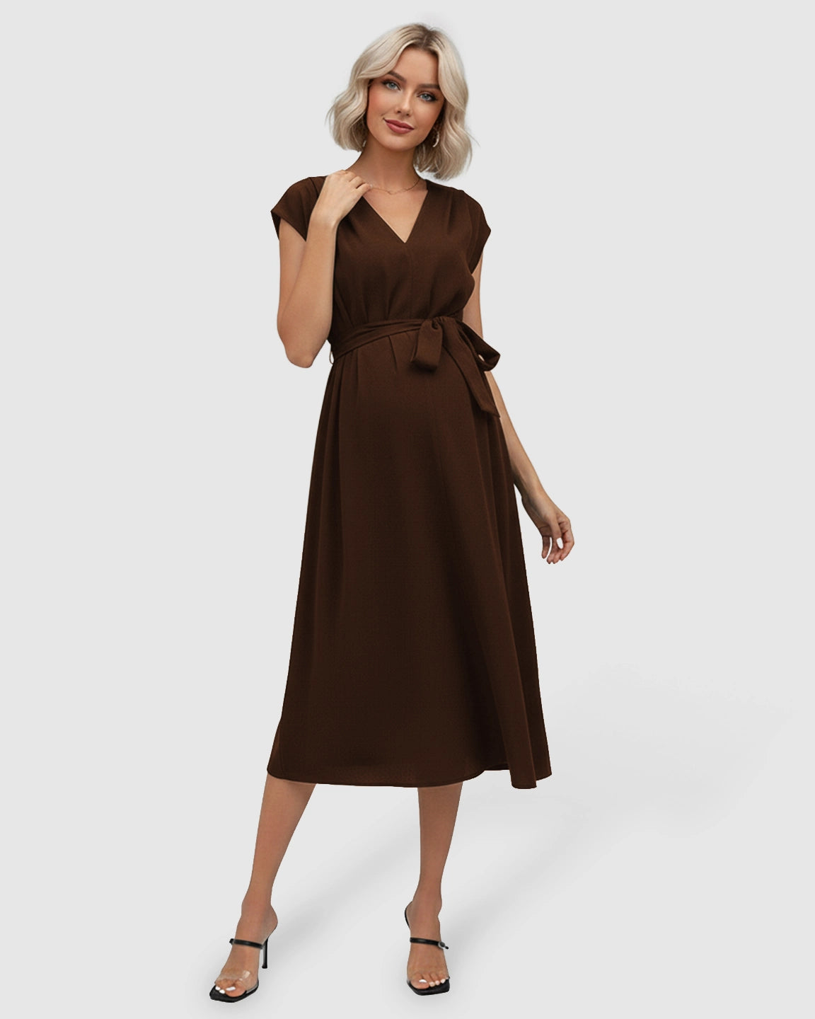 Tie-Waist V-Neck Maternity Midi Dress