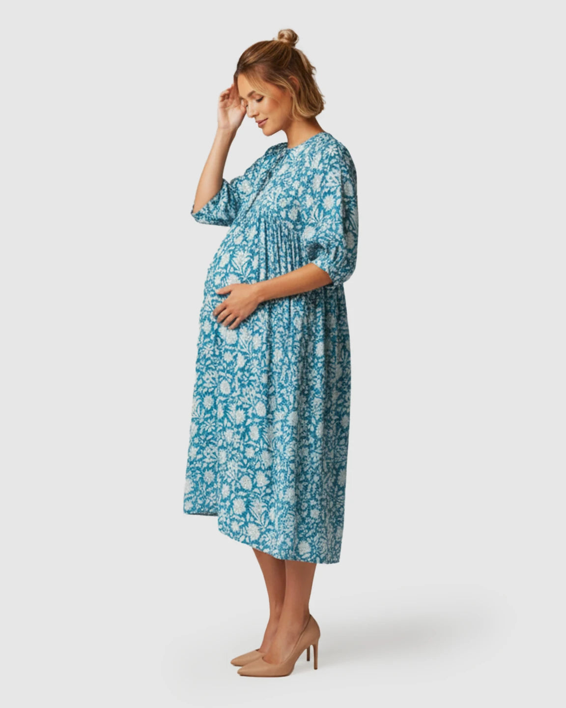 Puff-Sleeve Bohemian Maternity Midi Dress