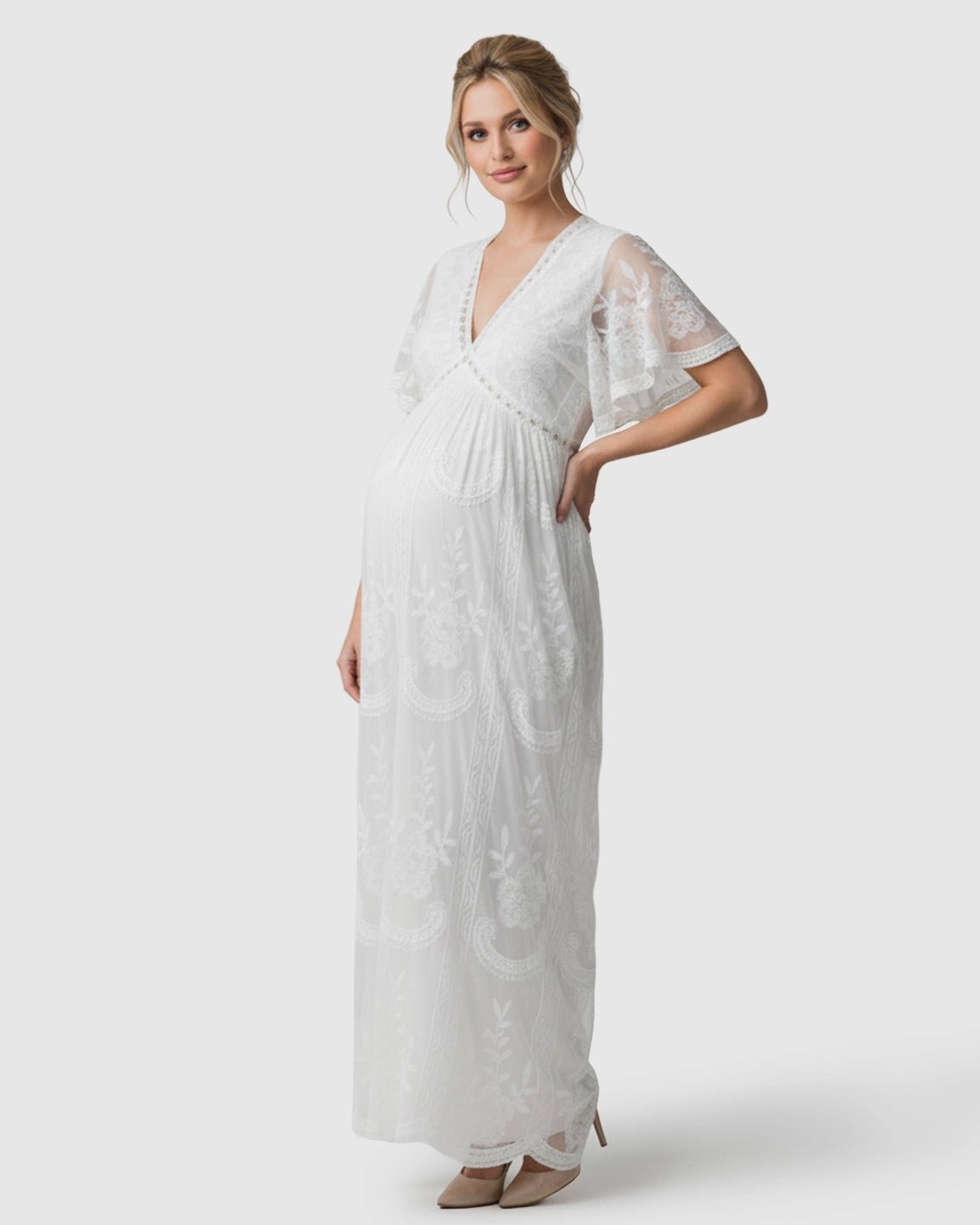 Sheer-Lace Romantic Maternity Maxi Dress