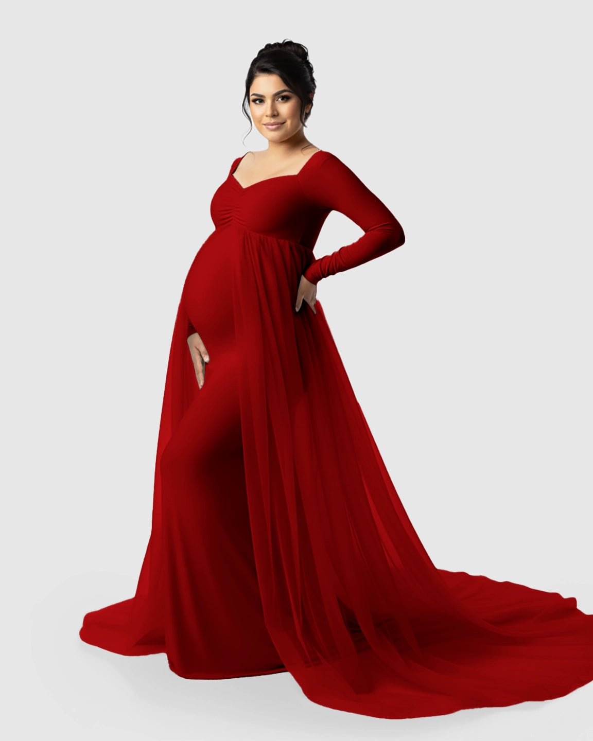 Sheer Mesh Flowy Train Maternity Maxi Dress