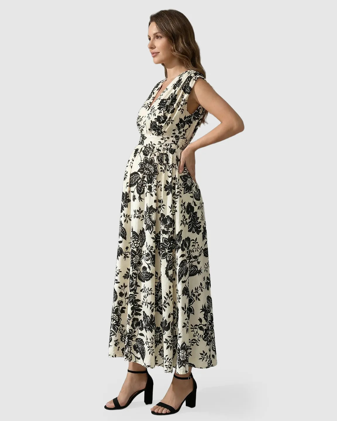 Sleeveless Floral Retro Maternity Midi Dress