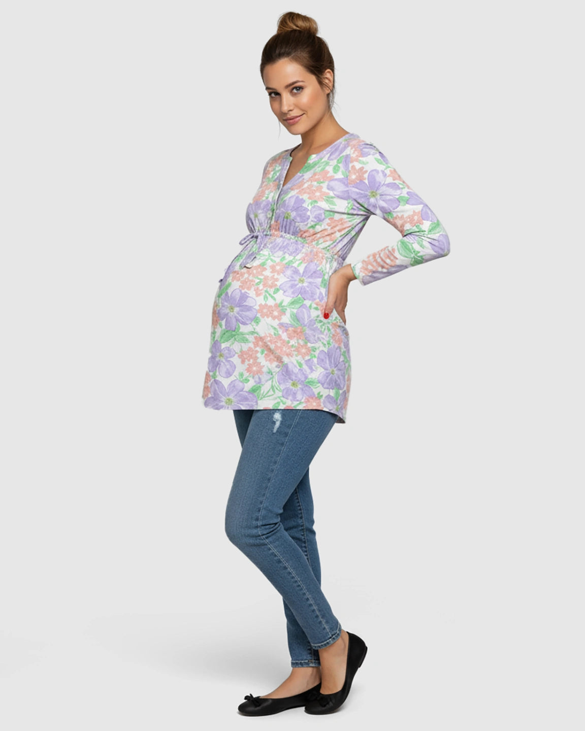 Bow Tie Detail Casual Floral Maternity Top
