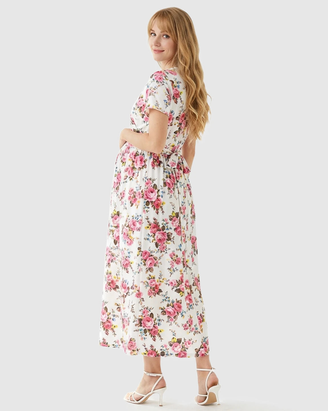 Floral V-Neck Tie-Belt Nursing Maxi Dress