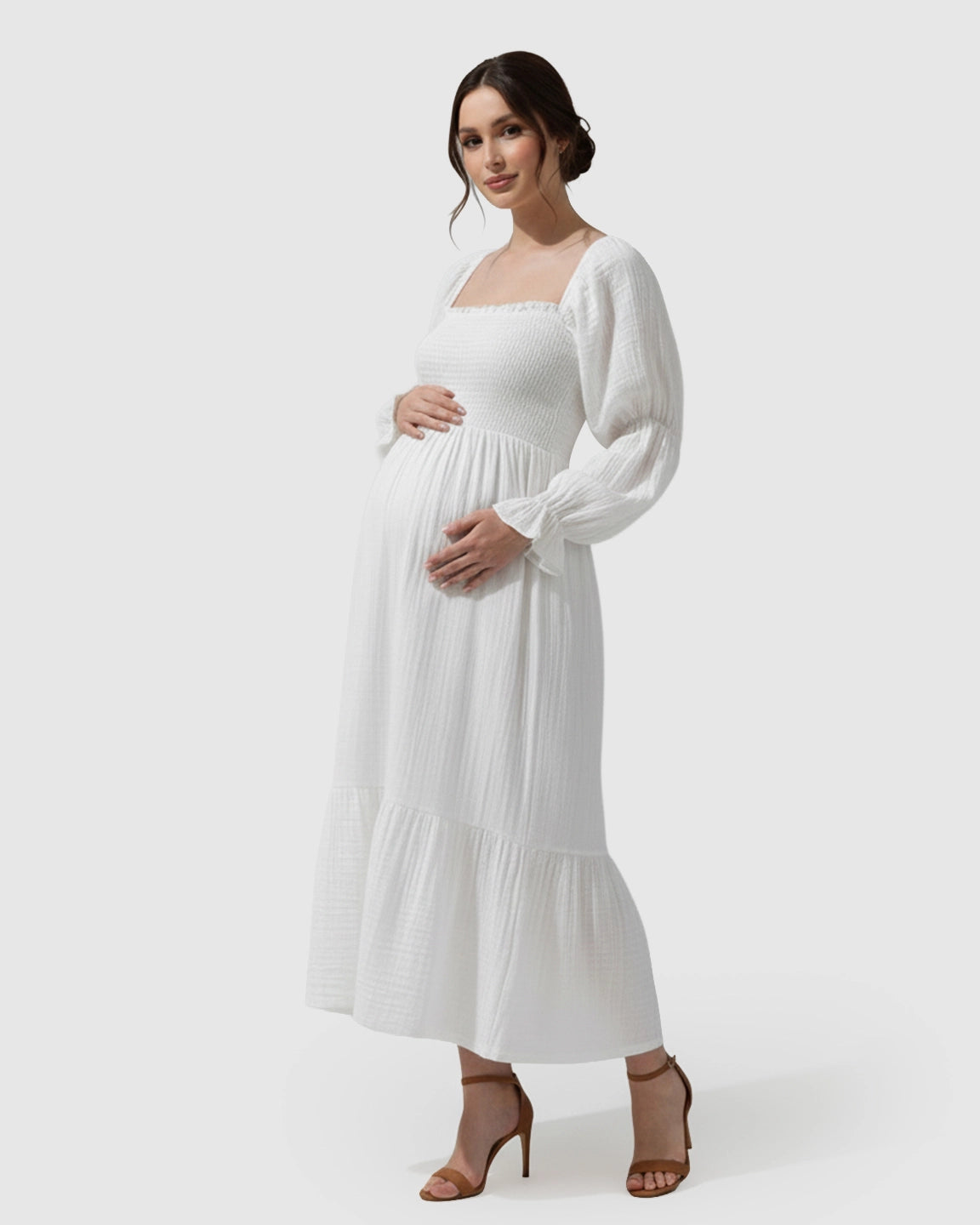 Puffed Long-Sleeve Tiered Skirt Maternity Maxi Dress