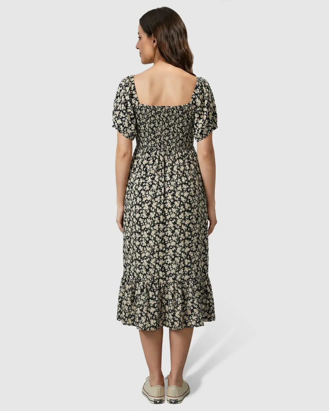 Smocked Bodice Boho Casual Maternity Midi Dress