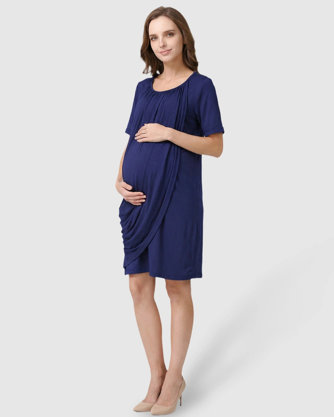 Hidden Nursing Access Draped Maternity Short Dress