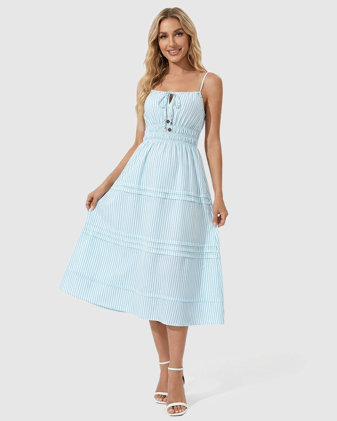 Smocked-Waist Striped A-Line Maternity Midi Dress