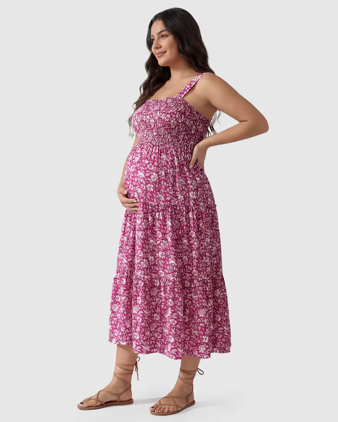 Smocked Floral A-Line Maternity Midi Dress