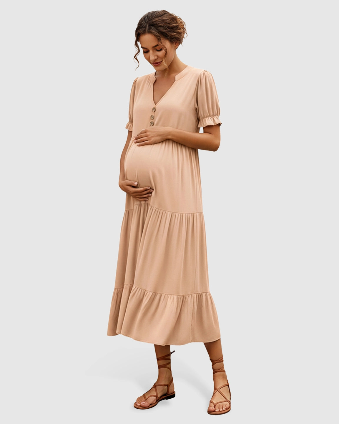 Stand-up Collar Tiered Skirt Maternity Midi Dress