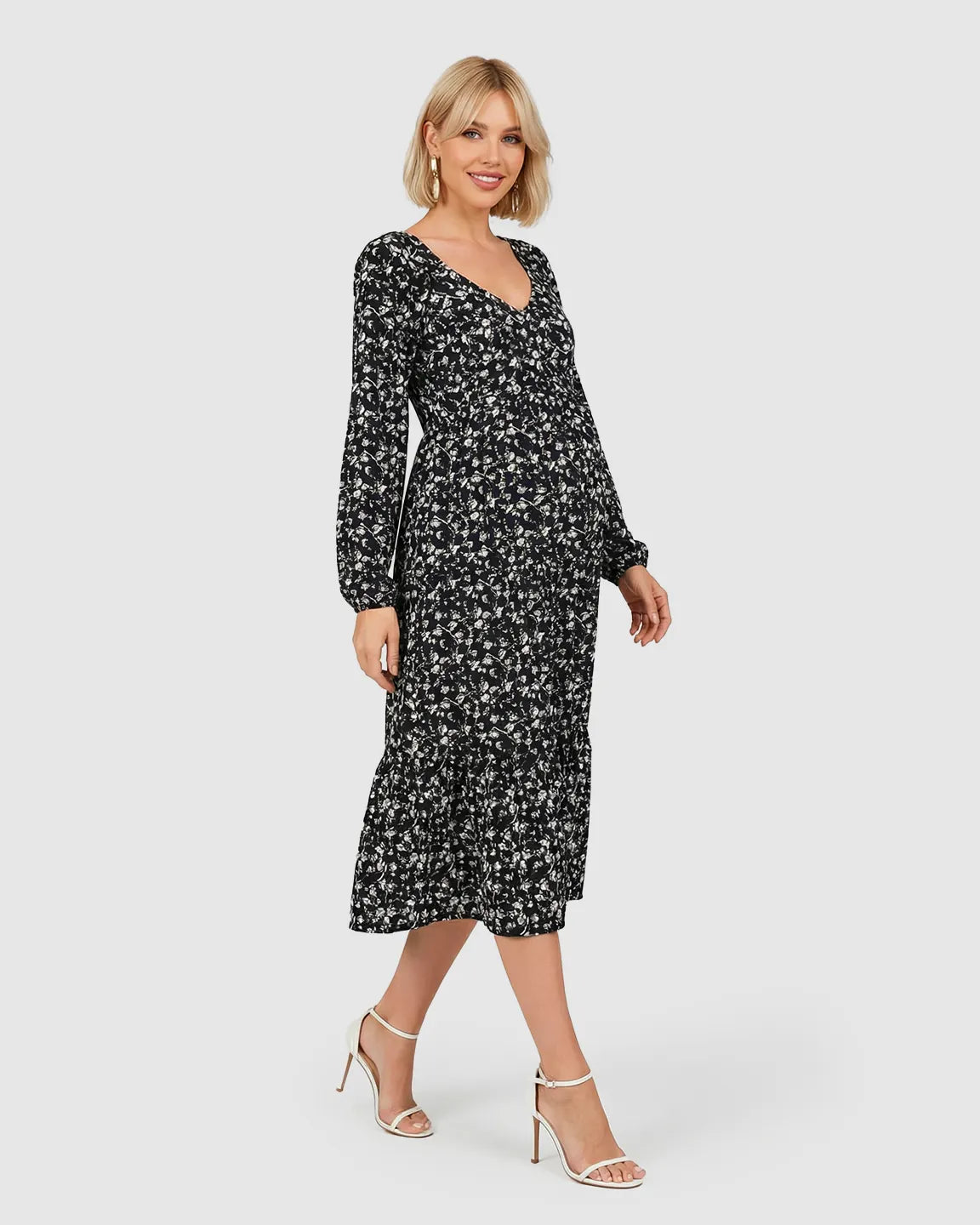 Long Sleeve Dark Floral Print Maternity Midi Dress