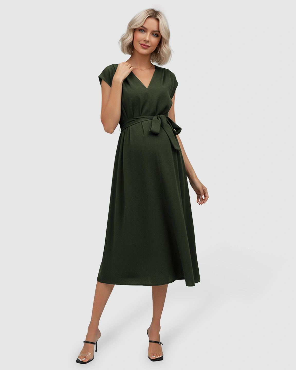 Tie-Waist V-Neck Maternity Midi Dress