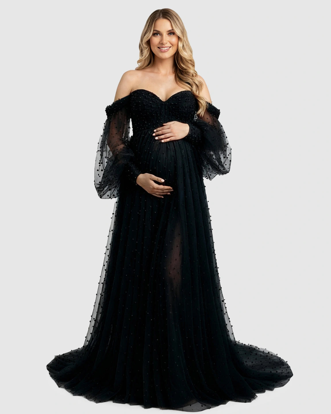 Off-Shoulder Tulle Train Maternity Gown