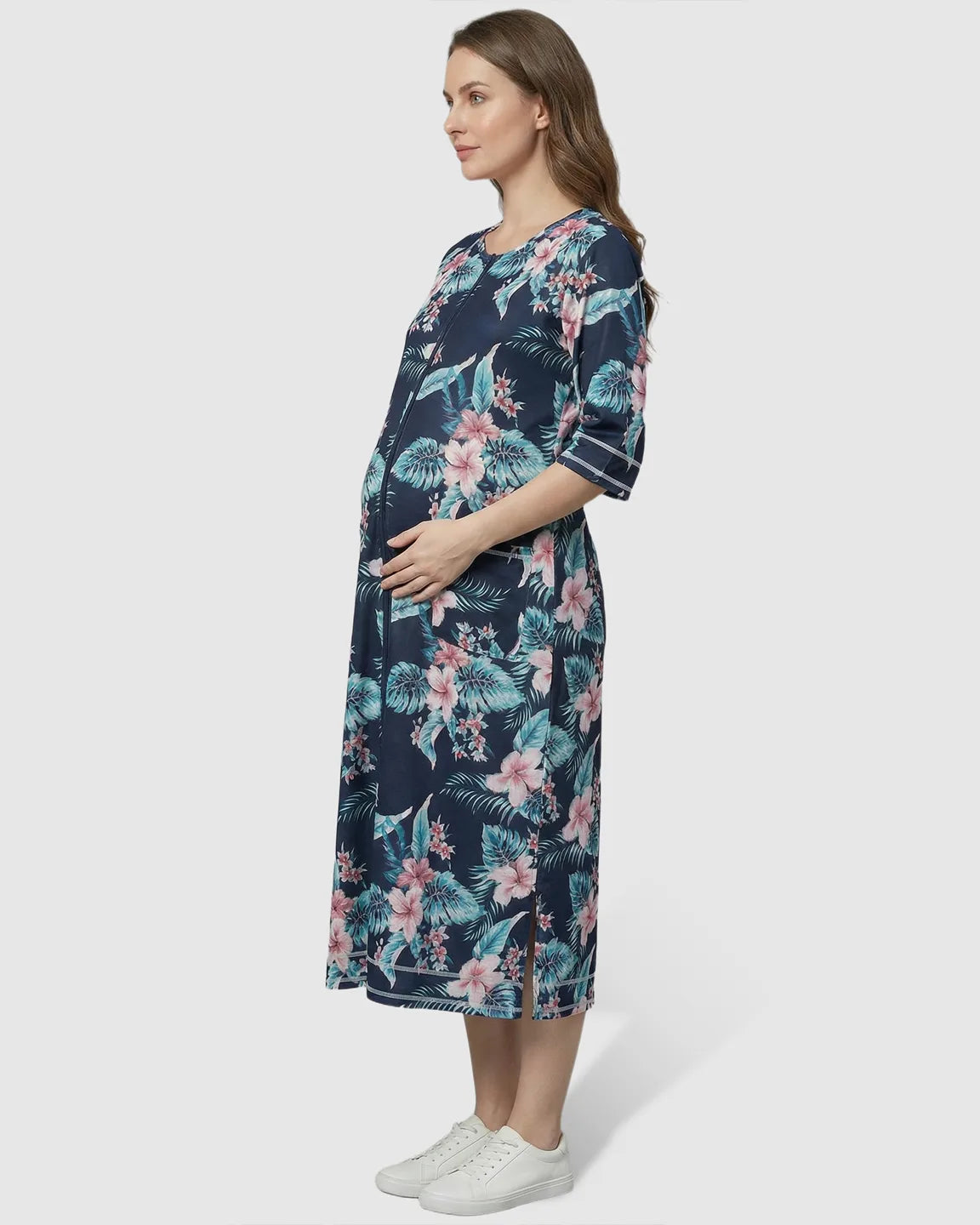 Front Zipper Casual Maternity Nursing Lounge Dress
