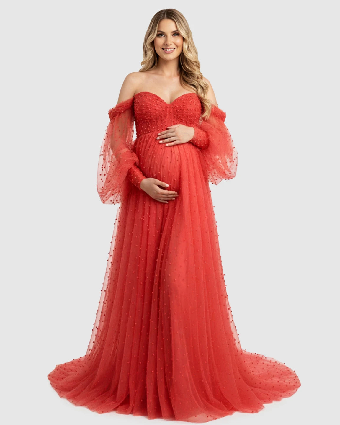 Off-Shoulder Tulle Train Maternity Gown