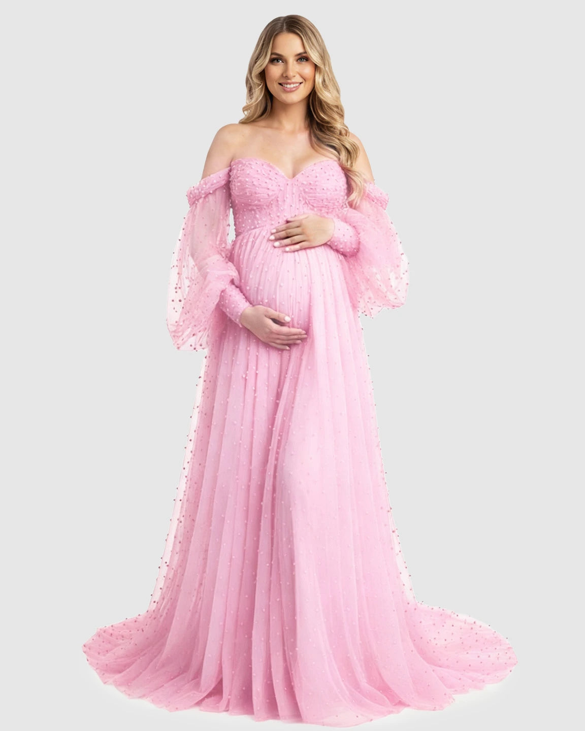Off-Shoulder Tulle Train Maternity Gown