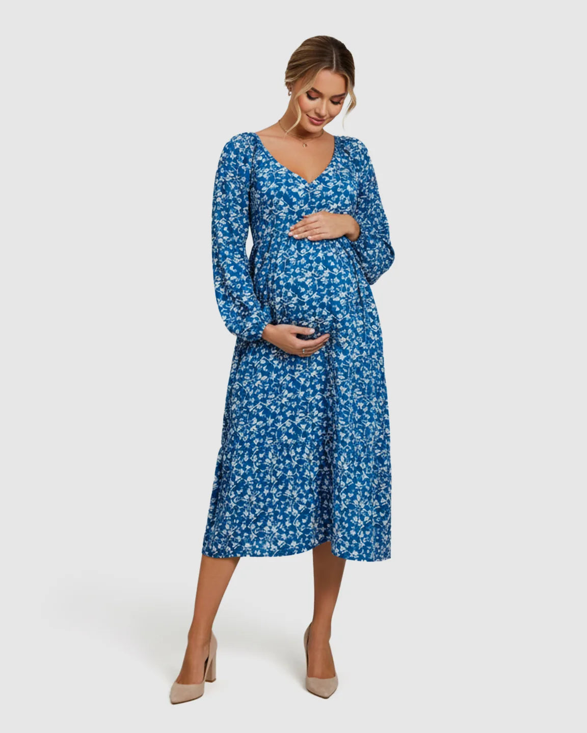 Balloon-Sleeve A-Line Maternity Dress