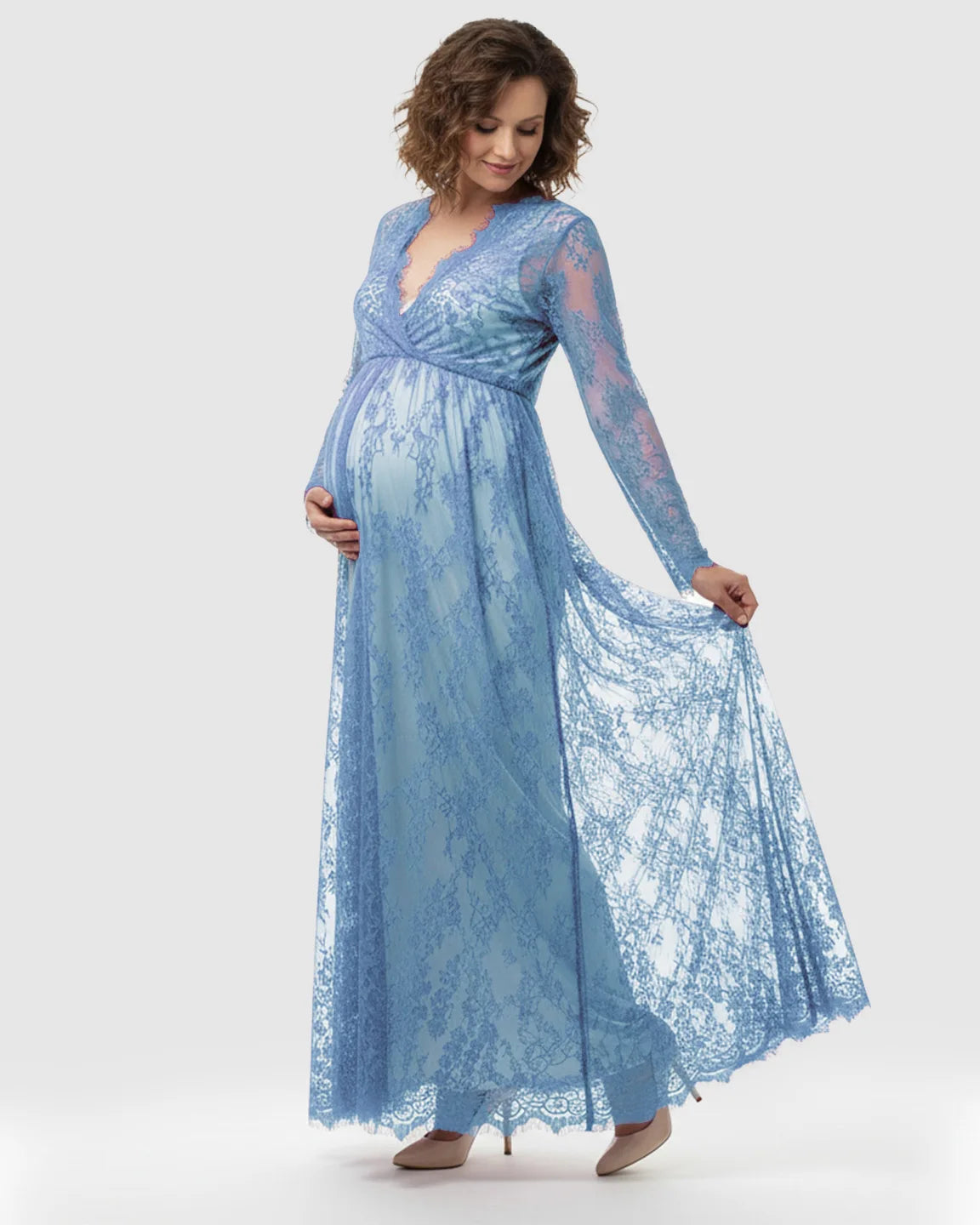 Sheer Floral Lace Empire Waist Maternity Maxi Dress