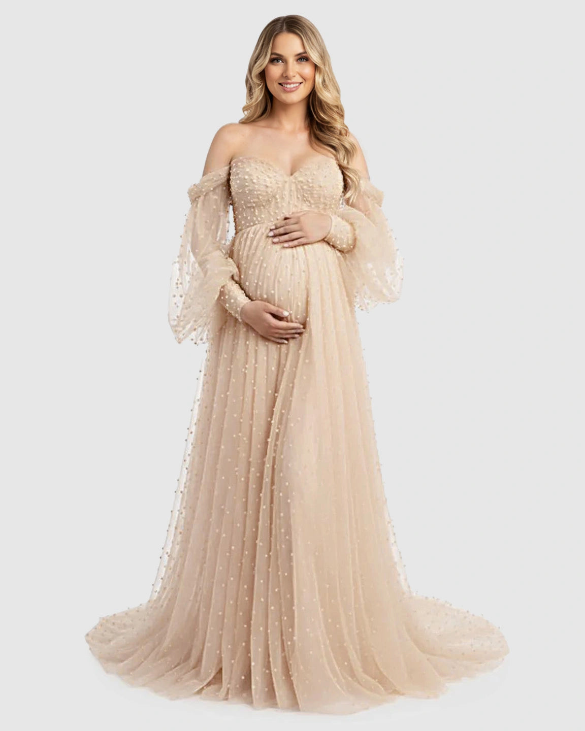 Off-Shoulder Tulle Train Maternity Gown