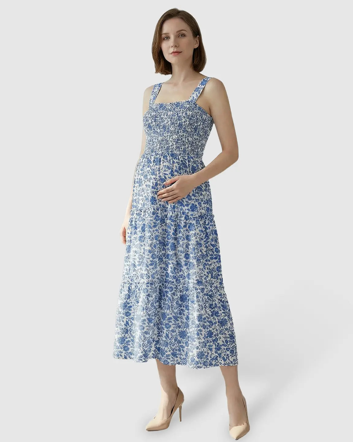Smocked Floral A-Line Maternity Midi Dress