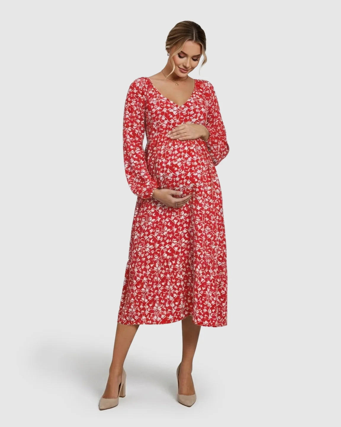 Deep V-Neck Floral Maternity Midi Dress
