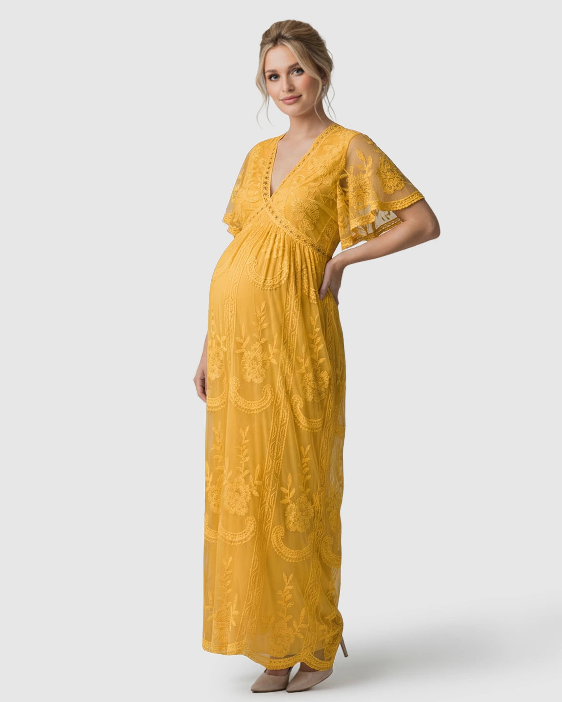 Sheer-Lace Romantic Maternity Maxi Dress