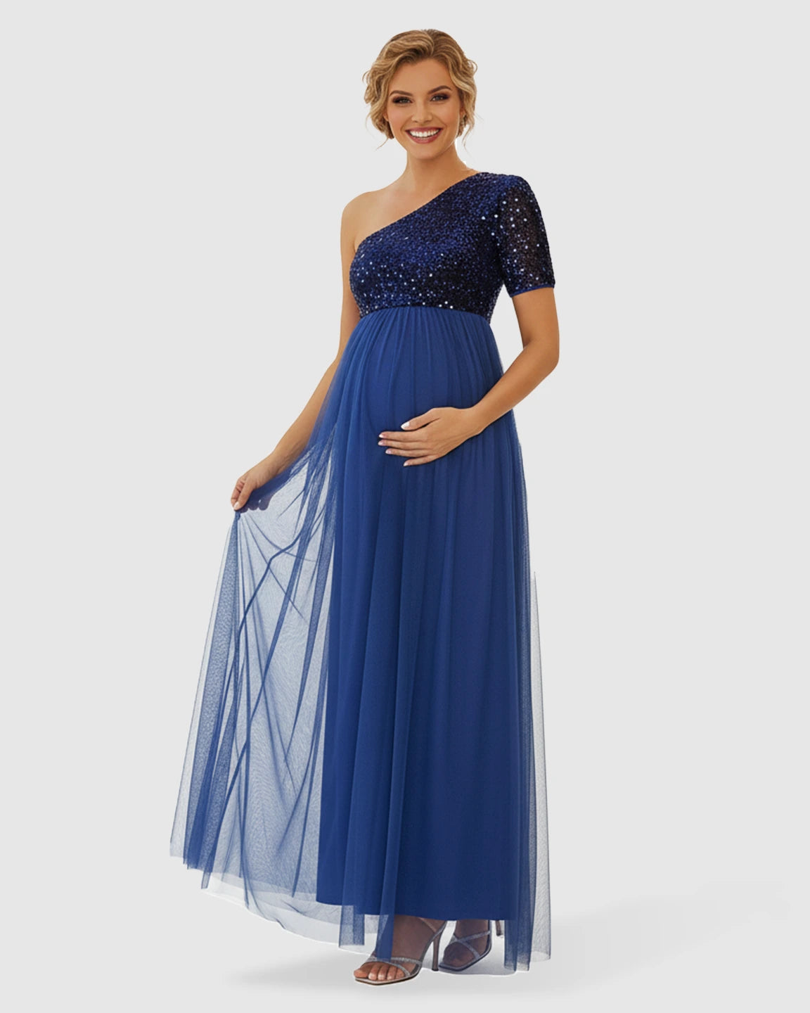 Sequin One-Shoulder Glamour Maternity Maxi Dress