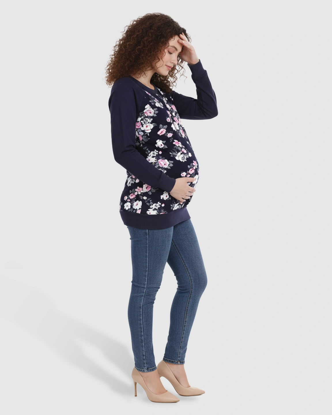 Crew Neck Floral Print Loose Fit Nursing Sweatshirt