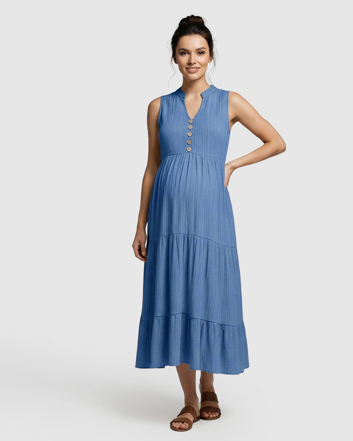 Button-Front Detail Tiered Maternity Midi Dress