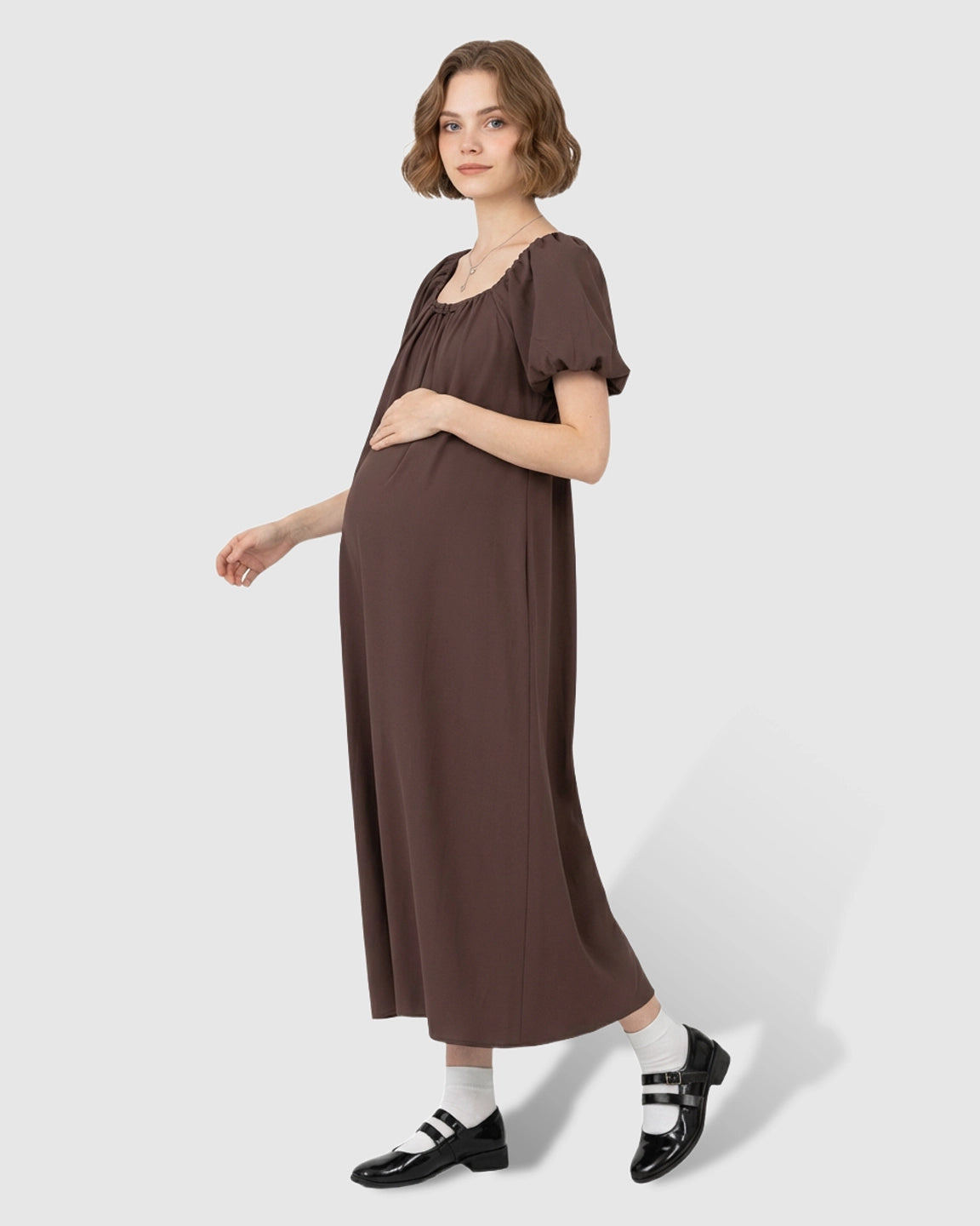 Short Puff Sleeve Casual Maternity Maxi Dress