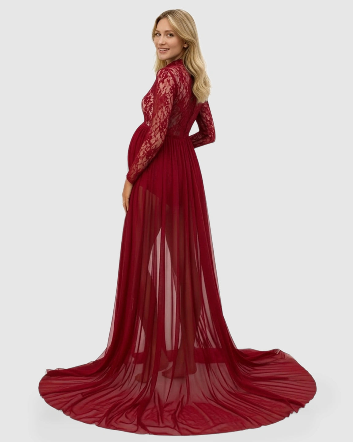 Sheer Lace Double Slit Maternity Photoshoot Gown