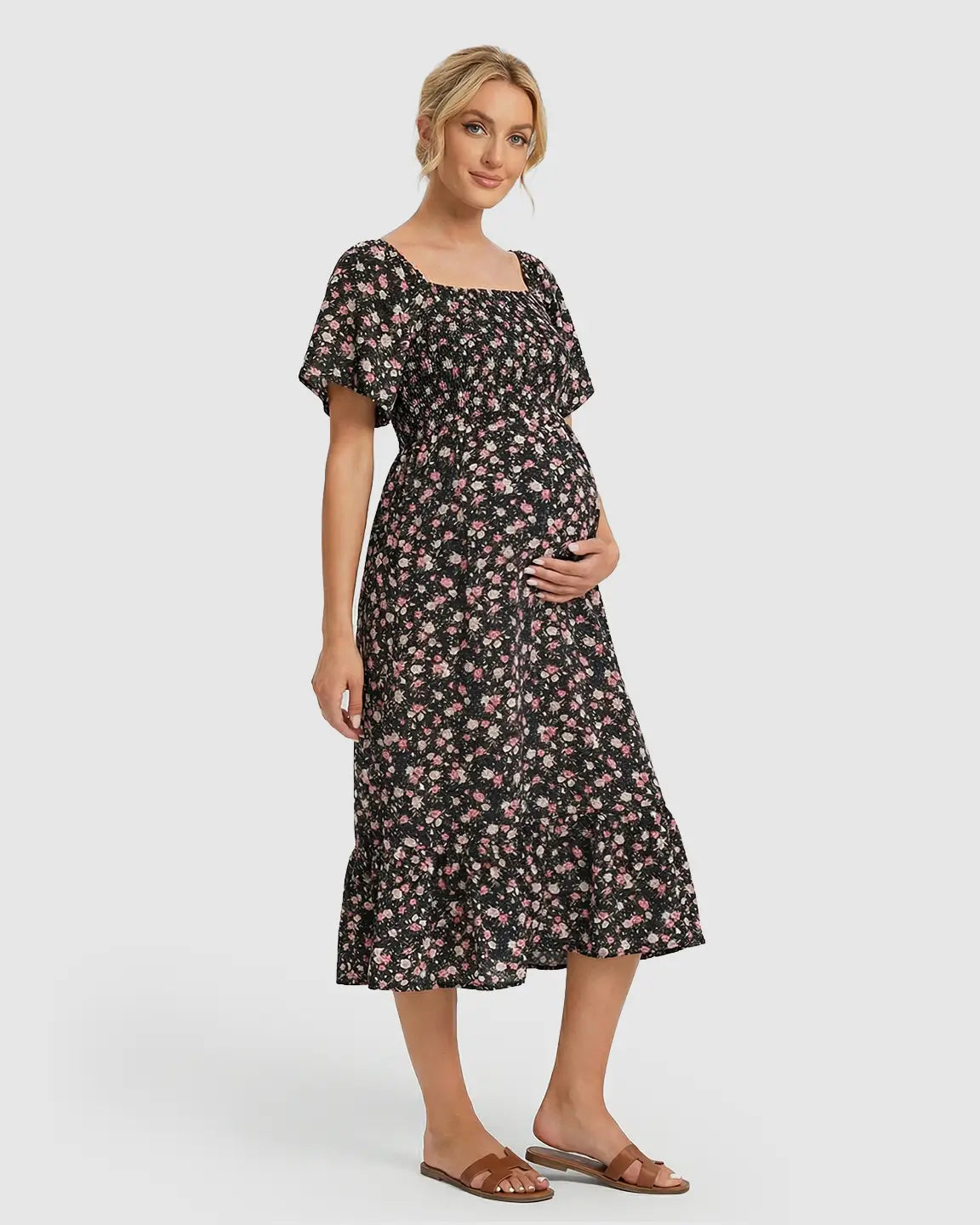 Floral Print Flowy Skirt Maternity Midi Dress