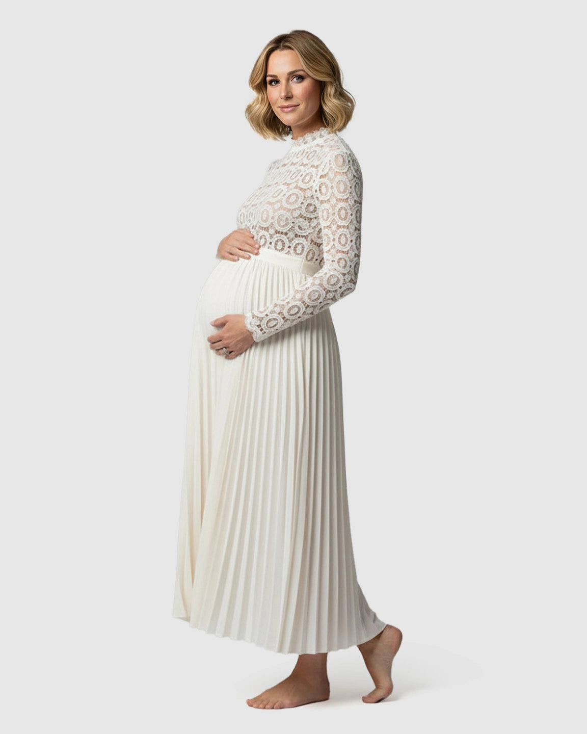 Lace Mock-Neck Pleated Maternity Maxi Dress