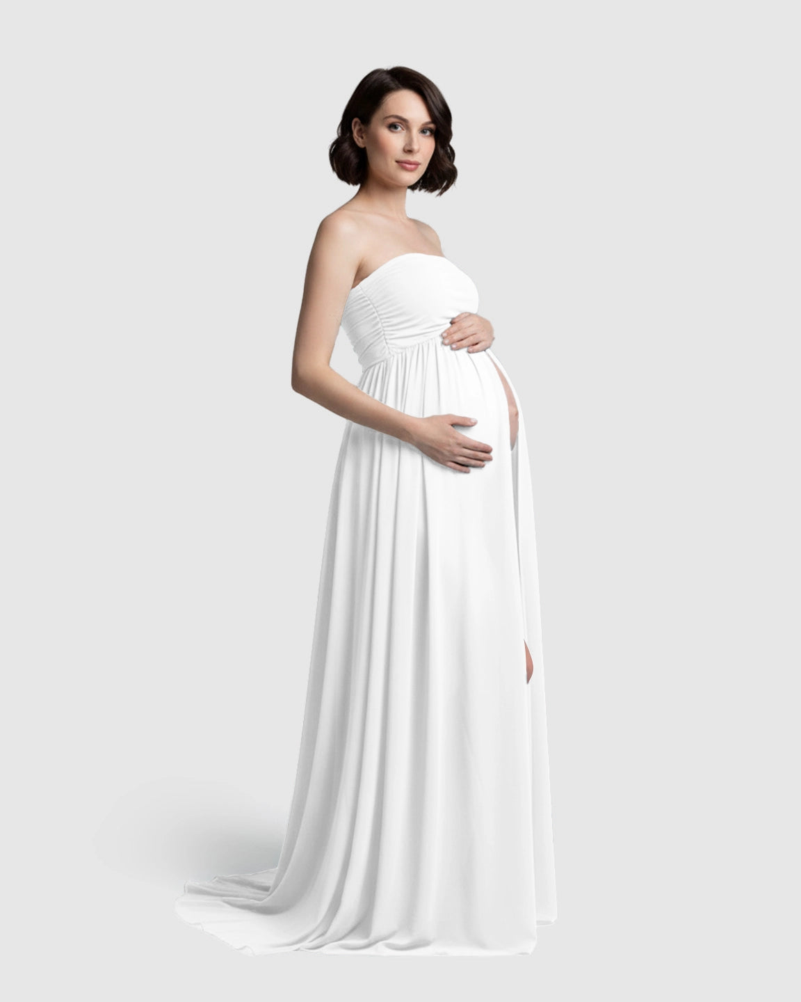 Strapless Ruched Front Slit Maternity Photoshoot Dress