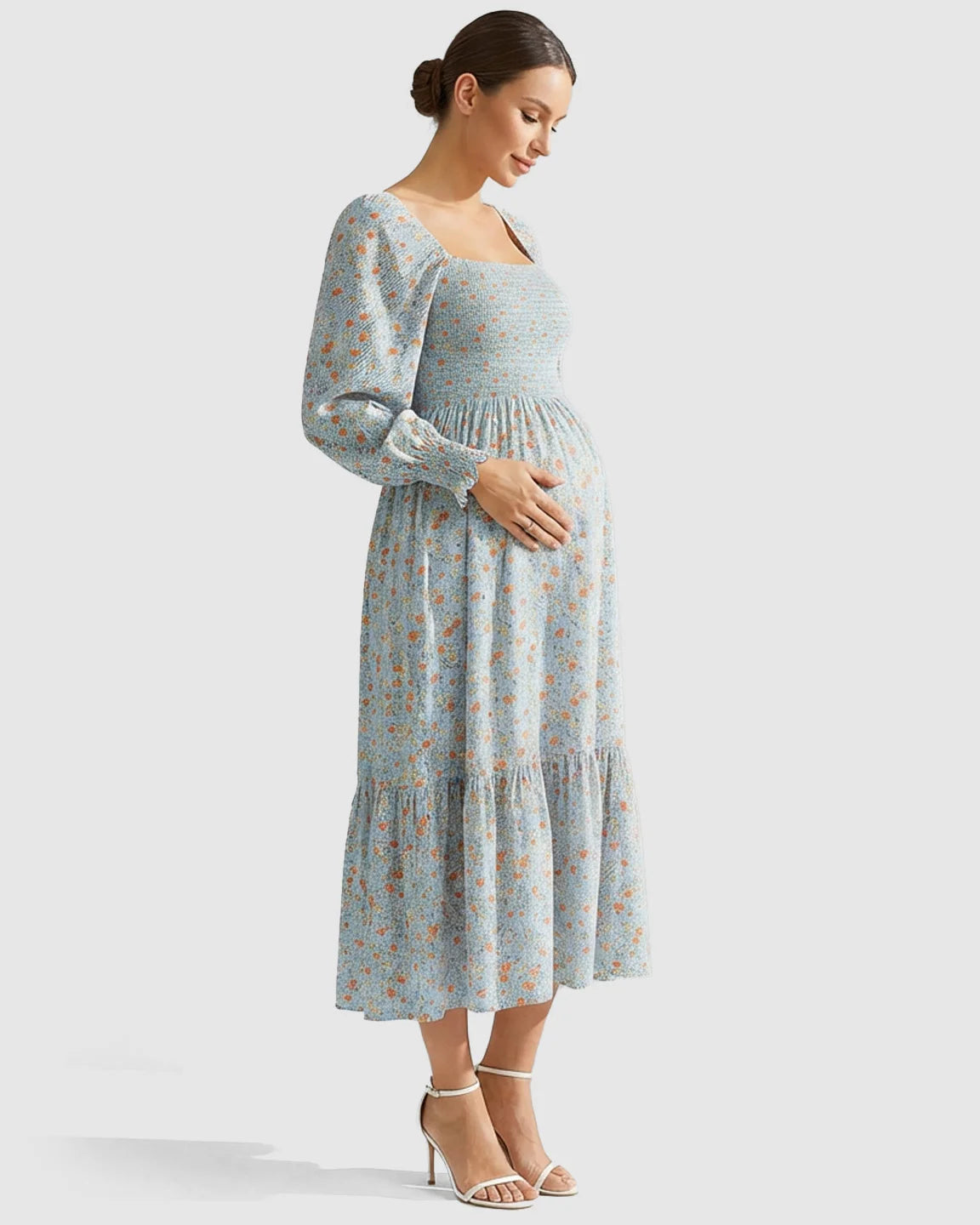 Smocked Bodice Floral Maternity Midi Dress