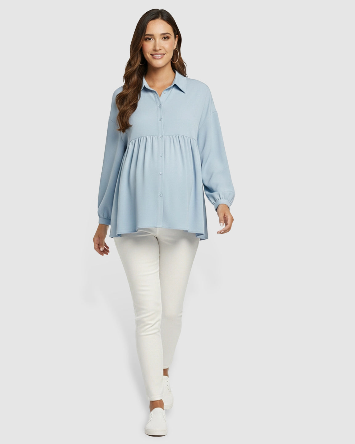 Lapel Long Sleeve Maternity Shirt