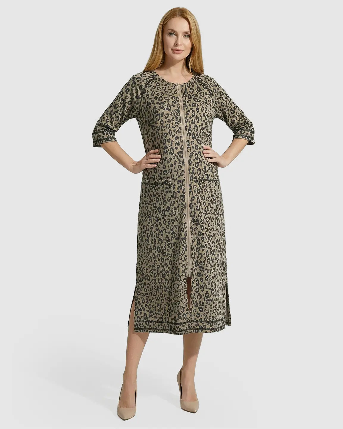 Front Zipper Leopard Print Maternity Nursing Lounge Dress