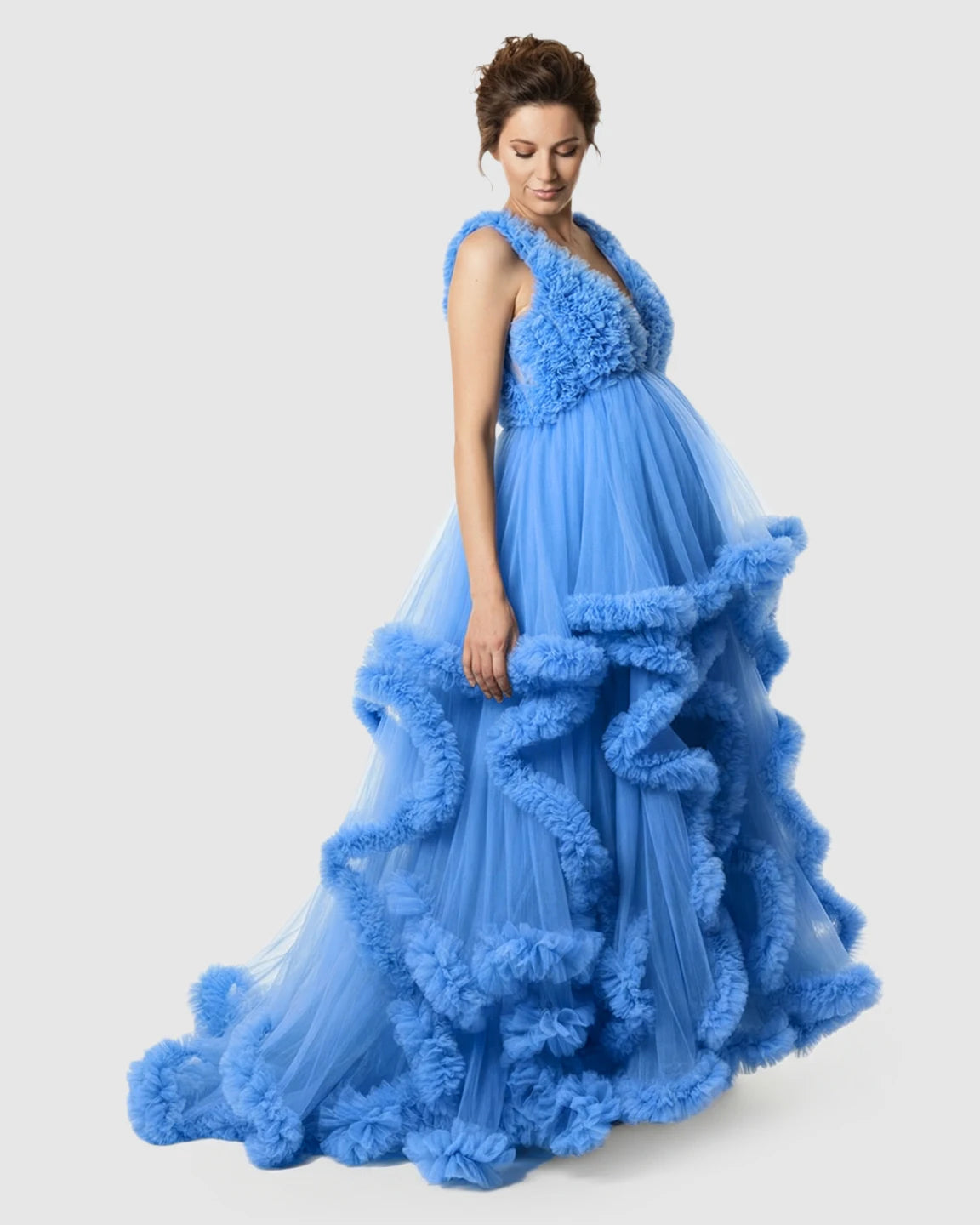 Ruffled Bodice Multi-Layer Mesh Pleats Maternity Gown