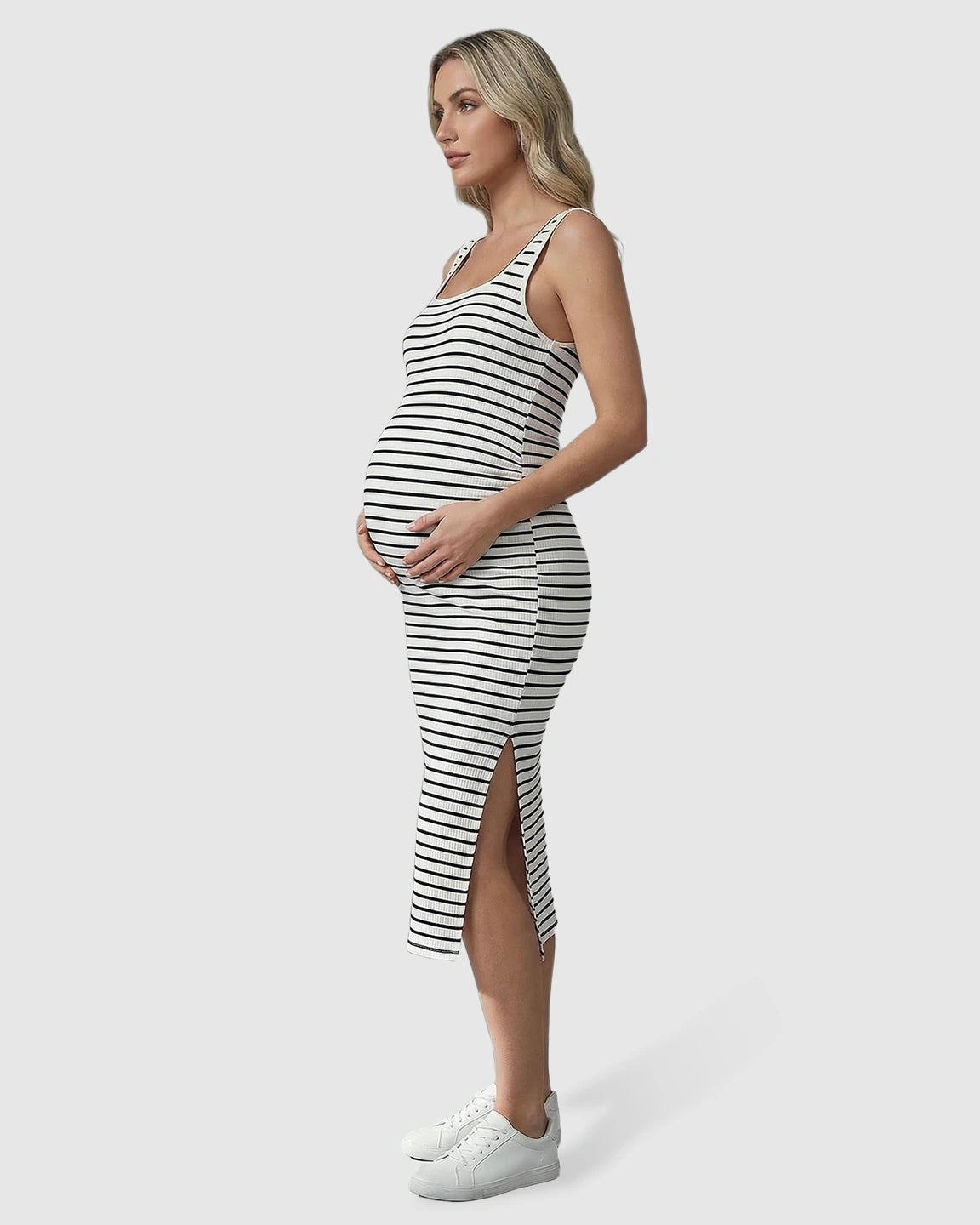 Stripe Print Side Slit Maternity Midi Dress