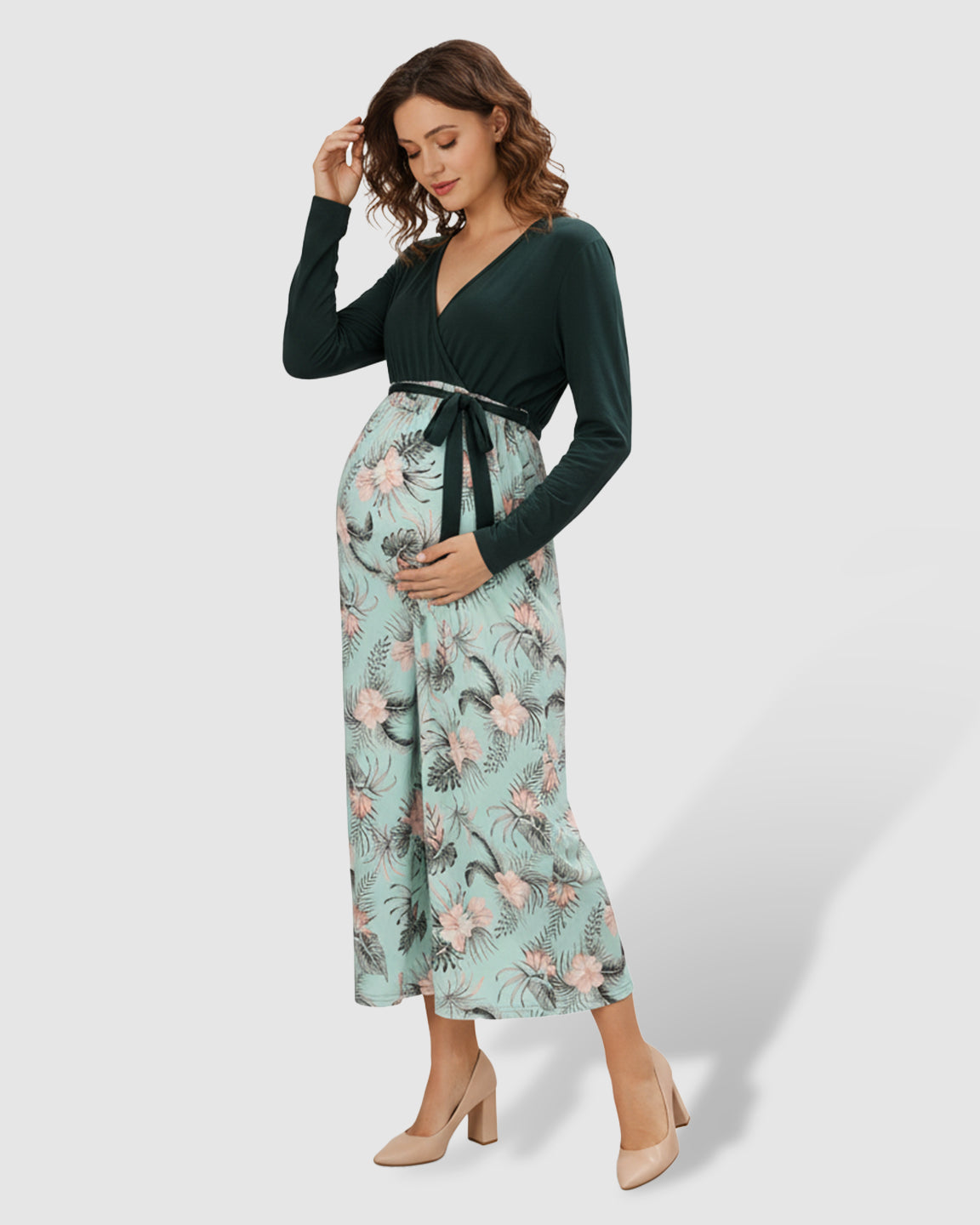 Long-Sleeve V-Neck Floral Maternity Midi Dress