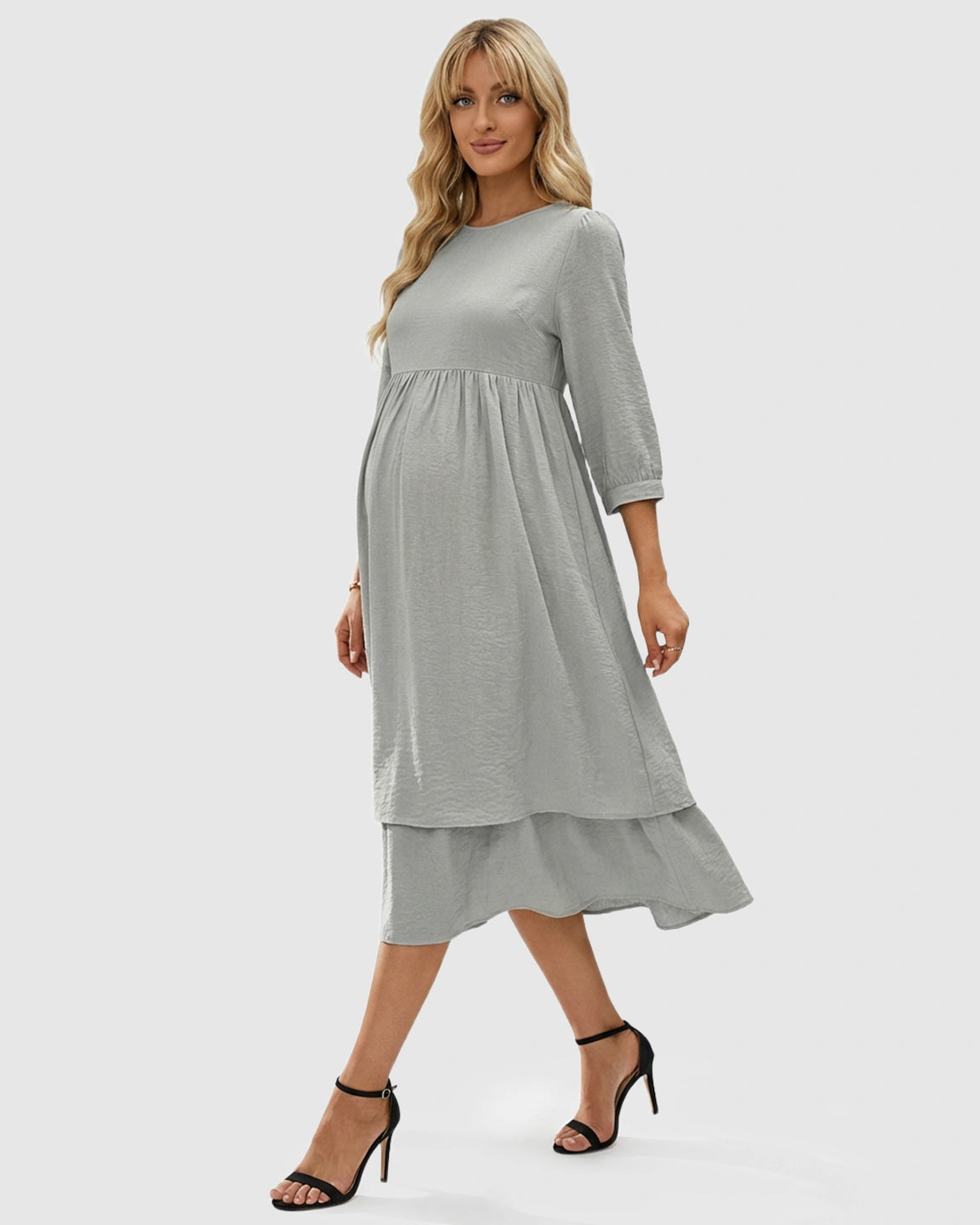 Quarter Sleeve Ruffle Skirt Maternity Midi Dress